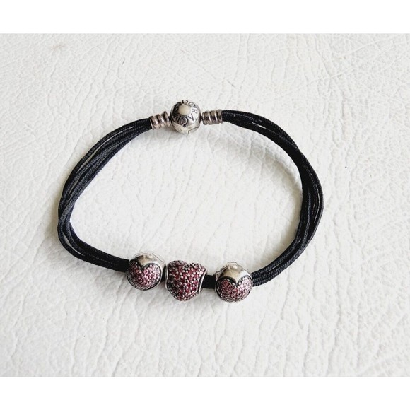 Pandora 925 Textile Multi String Bracelet  Pink Pave CZ Heart / 2 Heart Clips - Picture 2 of 14